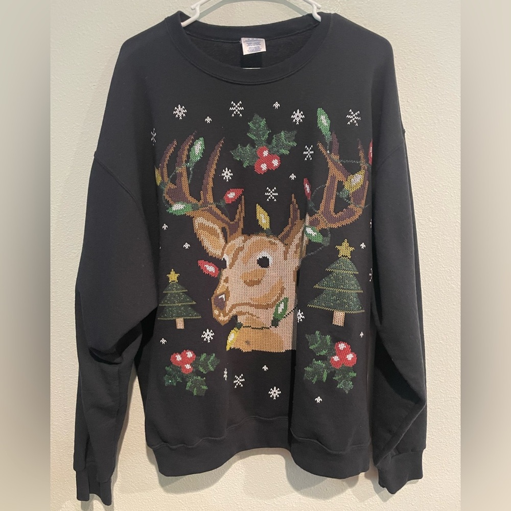 Jerzees Black Holiday Sweatshirt with Deer Design
